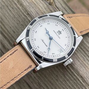 Hamilton Silver Watch with Tan Strap